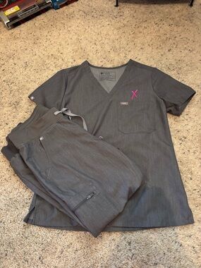 Figs Charcoal Gray Scrub Top with Pink Embroidered X Set !